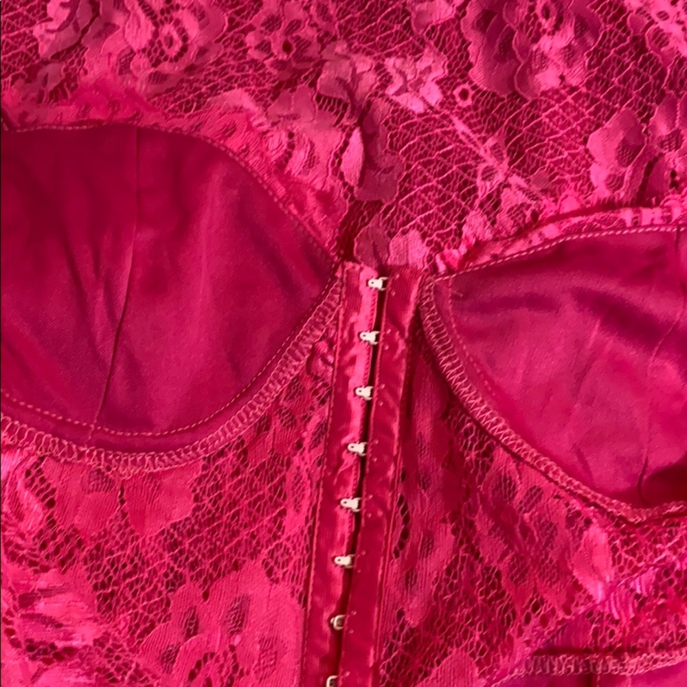 Bustier Lace Mini Dress | Large | Hook-Eye Corset, Magenta, Floral Lace - Picture 9 of 15